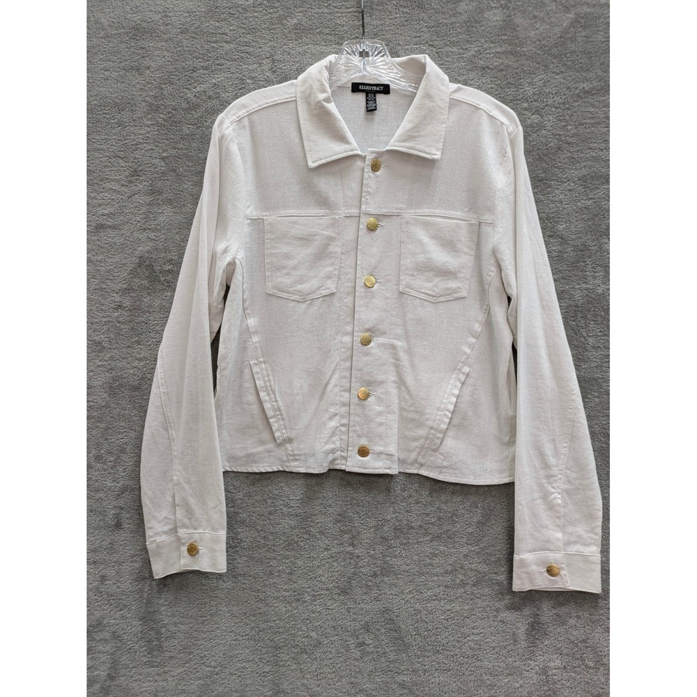 Coastal Linen Blend Button Up Jacket Women Medium White Cropped Beach Minimalist
